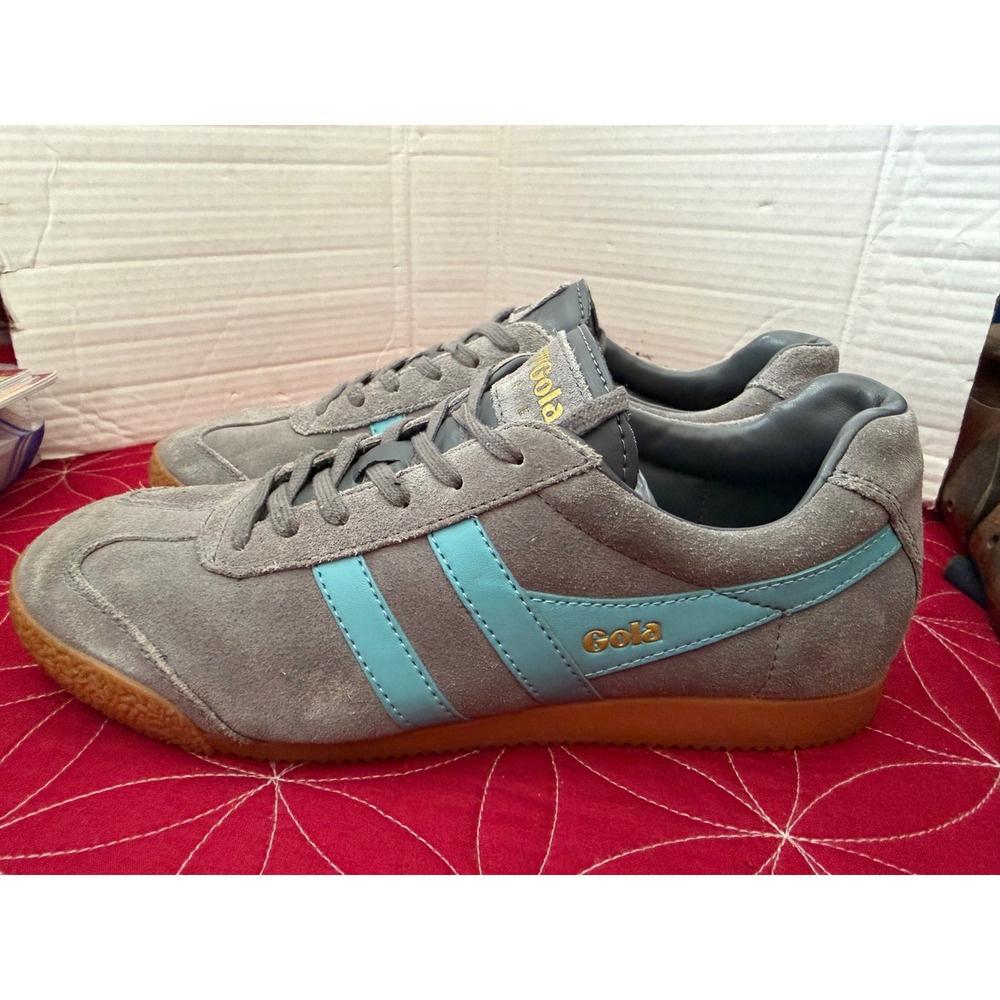 Gola Harrier Mens Grey Light Blue Suede Low Top Sneakers Gum Sole Trainers Sz 9